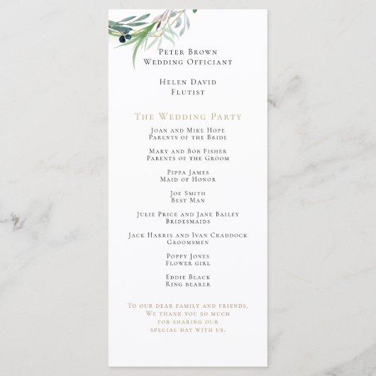 Waterverf olijfbladeren grens bruiloft programmakaart (Achterkant)