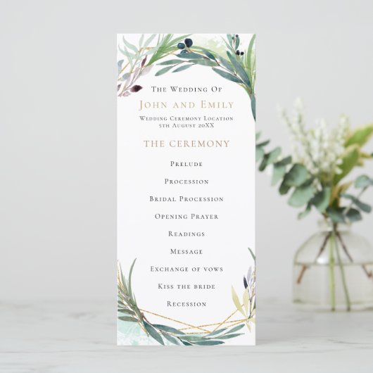 Waterverf olijfbladeren grens bruiloft programmakaart (Staand voorkant)