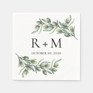 Waterverf olijfbladeren. Italiaanse zomer bruiloft Servet