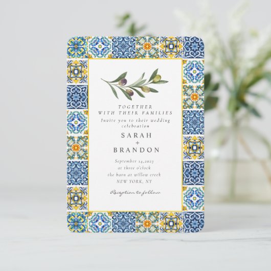 Waterverf Olijfblauwe tegel Mediterrane bruiloft I Kaart (Staand voorkant)