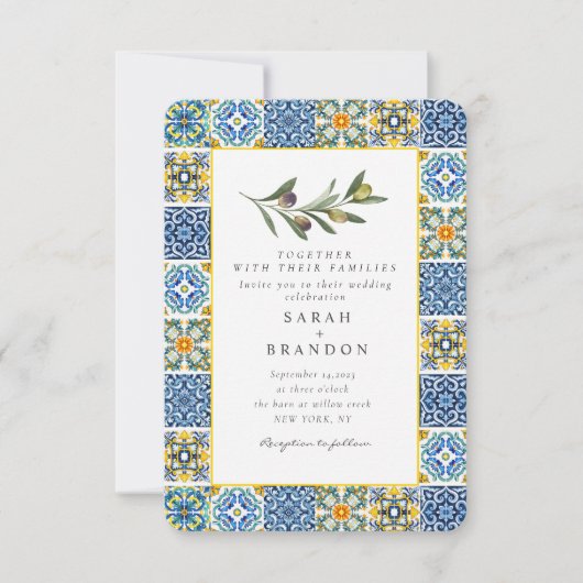 Waterverf Olijfblauwe tegel Mediterrane bruiloft I Kaart (Voorkant)