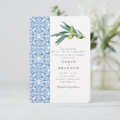 Waterverf Olijfblauwe tegel Mediterrane bruiloft Kaart (Staand voorkant)
