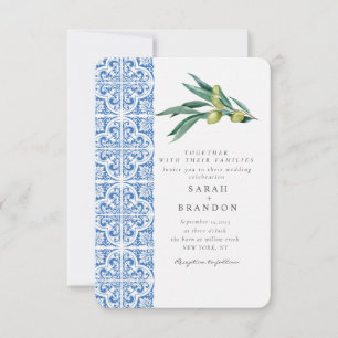 Waterverf Olijfblauwe tegel Mediterrane bruiloft Kaart