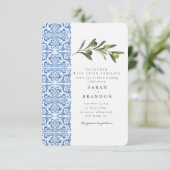 Waterverf Olijfblauwe tegel Mediterrane bruiloft Kaart (Staand voorkant)