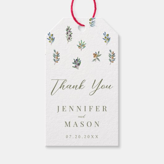 Waterverf olijfboomtakken bruiloft dank u cadeaulabel (Voorkant)