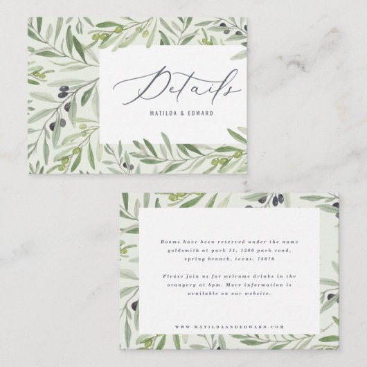 waterverf olijfelegant bruiloft notitiekaartje (Voorkant / Achterkant)