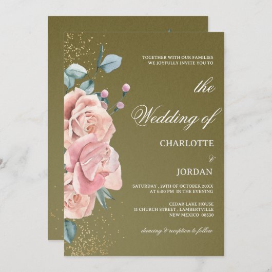 Waterverf Olijfgroen en bleekroze huwelijk Kaart (Voorkant / Achterkant)