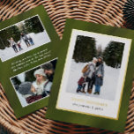Waterverf Olijfgroen Lijst 3 Foto's Kerst Folie Feestdagenkaart<br><div class="desc">Vier het seizoen in stijl met deze fraaie kerstkaart met een rijke olijfgroene fluwelen tint en subtiele korrelige textuur, geaccentueerd met echte gouden folie voor een vleugje luxe. Het ontwerp aan de voorkant toont een schoon, wit lijst dat uw beste foto van een verticaal gezin of koppel prachtig benadrukt, waardoor...</div>