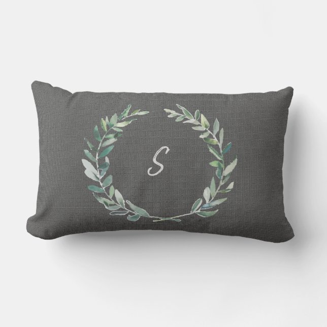 Waterverf olijfkrans grijs jute monogram kussen (Voorkant)