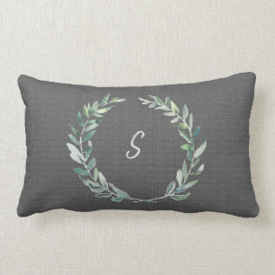 Waterverf olijfkrans grijs jute monogram kussen