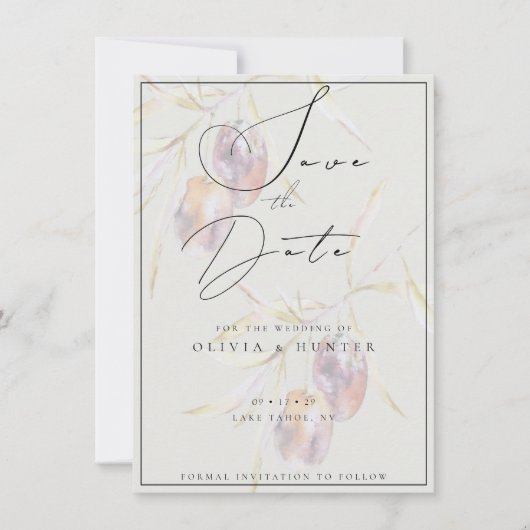 Waterverf Olijftak Bruiloft Save the Date Kaart (Voorkant)