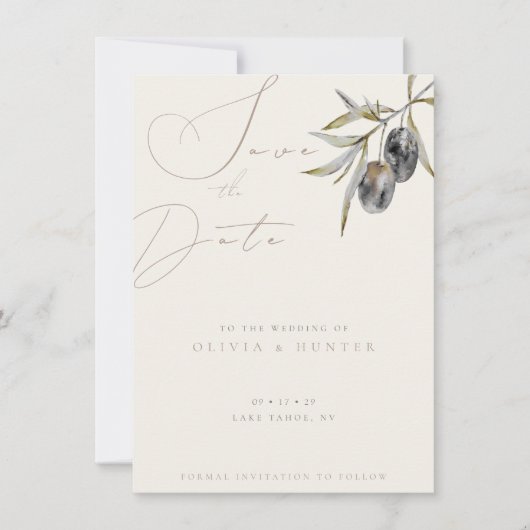 Waterverf Olijftak Bruiloft Save the Date Kaart (Voorkant)