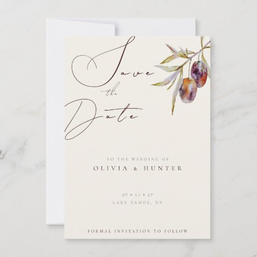 Waterverf Olijftak Bruiloft Save the Date Kaart (Voorkant)