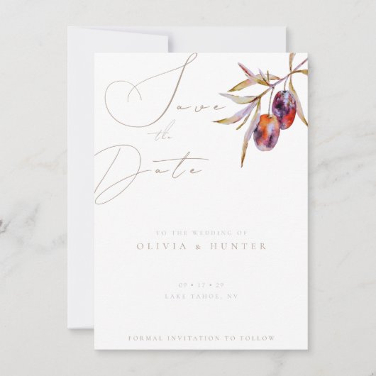 Waterverf Olijftak Bruiloft Save the Date Kaart (Voorkant)