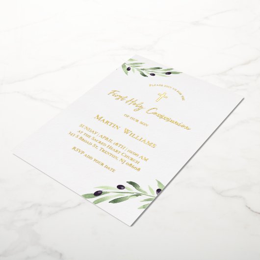 waterverf olijftak Eerste Heilige Communie Folie Uitnodiging (Gedraaid)