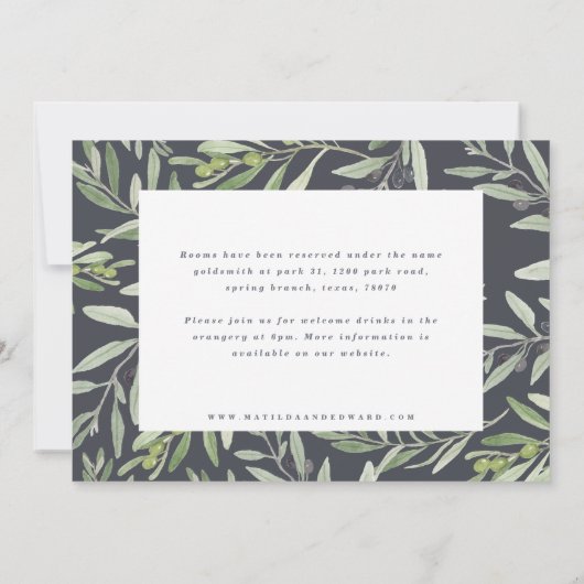 Waterverf olijftak gebladerte trouwdetails aankondiging (Achterkant)