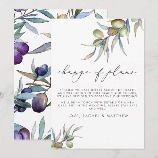 Waterverf Olijftakken Wijziging van plannen Trouwe Aankondiging (Voorkant / Achterkant)