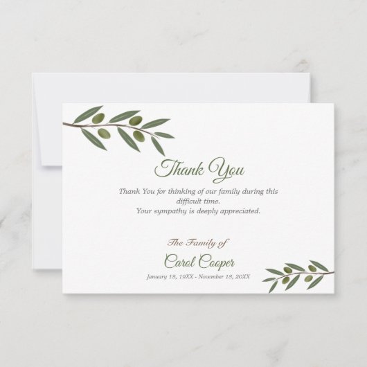 Waterverf Olive Branch Begrafenis Dank u kaart (Voorkant)