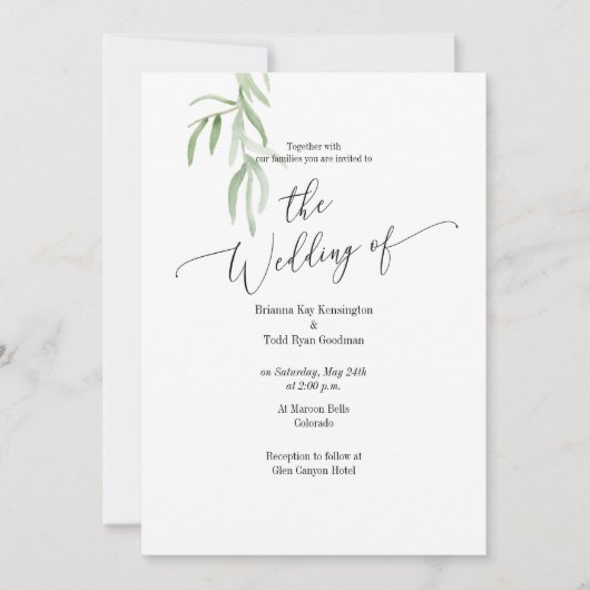 Waterverf Olive Branch Wedding Invitation Kaart (Voorkant)