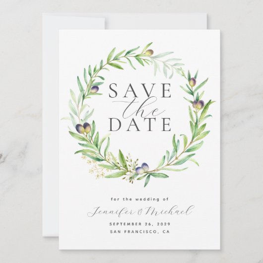 Waterverf Olive Branch Wreater Save the Date (Voorkant)