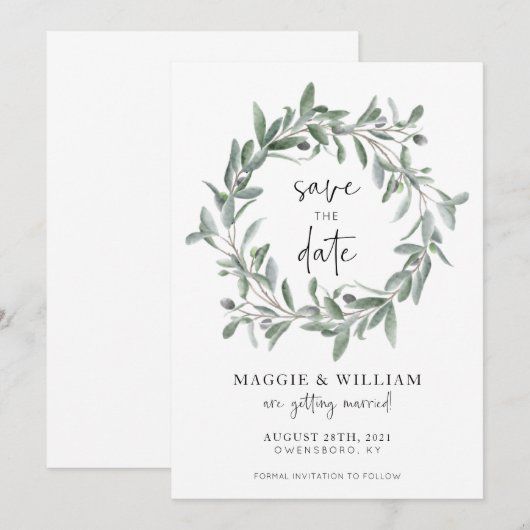 Waterverf Olive Branches die de datum opslaan Save The Date (Voorkant / Achterkant)