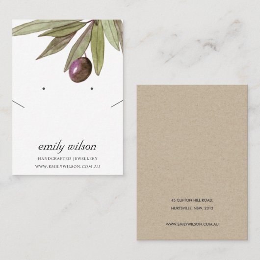 WATERVERF OLIVE FOLIAGE EARRING KETTING DISPLAY VISITEKAARTJE (Voorkant / Achterkant)