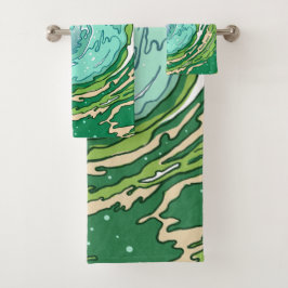 Waterverf Olive Forest Green Blauwgroen Zee Waves Bad Handdoek