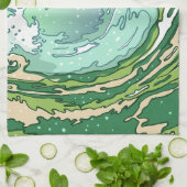 Waterverf Olive Forest Green Blauwgroen Zee Waves Theedoek (Gevouwen)