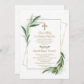 Waterverf Olive Leaves Gold First Heilige Communie Kaart (Voorkant / Achterkant)