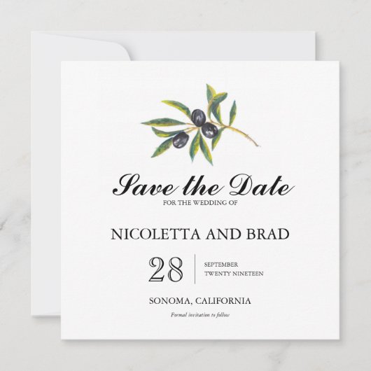 Waterverf Olive Tree Branch | Datum opslaan Save The Date (Voorkant)