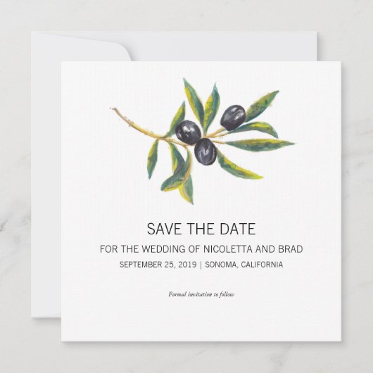 Waterverf Olive Tree Branch | Datum opslaan Save The Date (Voorkant)