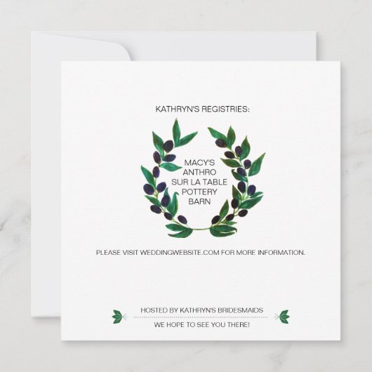 Waterverf Olive Wreate Bridal Shower Invitation Kaart (Achterkant)