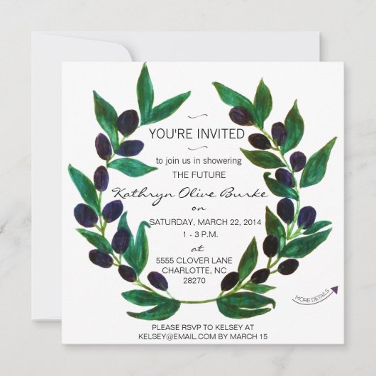 Waterverf Olive Wreate Bridal Shower Invitation Kaart (Voorkant)