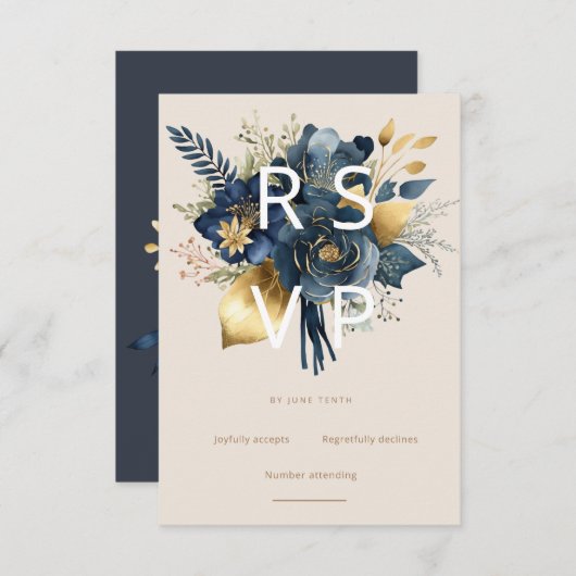 waterverf om middernacht blauw goud floral rsvp ca (Voorkant / Achterkant)