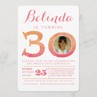 Waterverf Ombre 30th Birthday Party Photo Invite Kaart