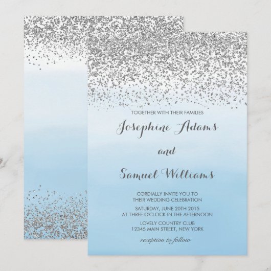 Waterverf Ombre Blue en Silver Glitter Wedding Kaart (Voorkant / Achterkant)