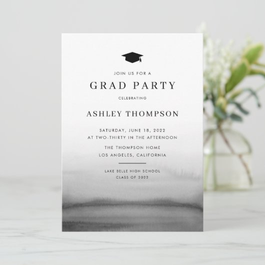 Waterverf Ombre Dark Gray Modern Graduation Party Kaart (Staand voorkant)