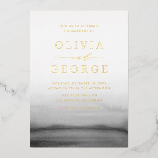 Waterverf Ombre Dark Gray Modern Wedding Folie Uitnodiging (Voorkant)