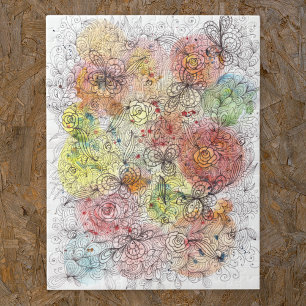 Waterverf Ombre en Ink Floral Doodle Artwork Legpuzzel