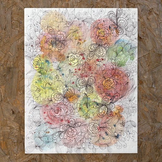 Waterverf Ombre en Ink Floral Doodle Artwork Legpuzzel