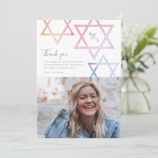 Waterverf Ombré Foto Bat Mitzvah Hartelijk dank Kaart (Staand voorkant)