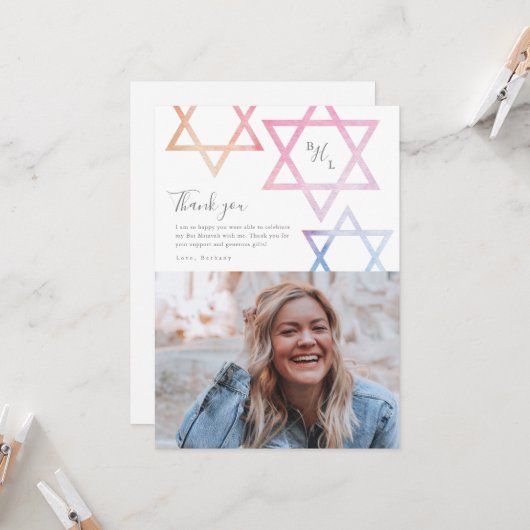 Waterverf Ombré Foto Bat Mitzvah Hartelijk dank Kaart (Voorkant / Achterkant in situ)