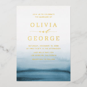 Waterverf Ombre Navy Blue Modern Wedding Folie Uitnodiging