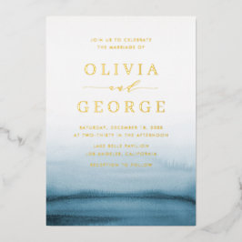 Waterverf Ombre Navy Blue Modern Wedding Folie Uitnodiging