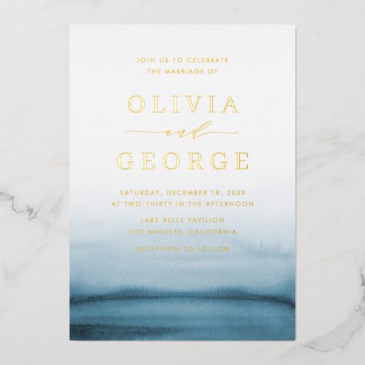 Waterverf Ombre Navy Blue Modern Wedding Folie Uitnodiging (Voorkant)