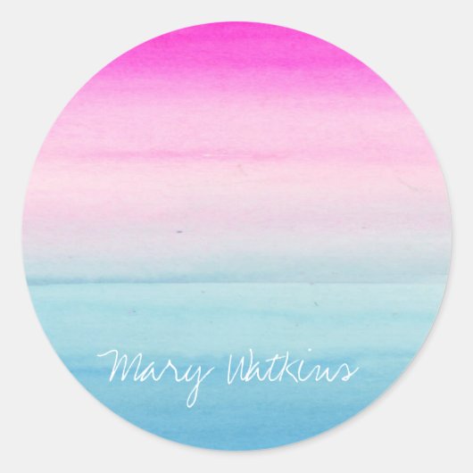 Waterverf Ombre Roze en Blauw | Jouw namen toevoeg Ronde Sticker (Voorkant)