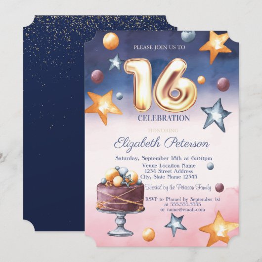 Waterverf Ombre Stars Cake Sweet 16 Uitnodiging (Voorkant / Achterkant)