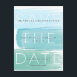 Waterverf Ombre Stripes Save the Date Briefkaart<br><div class="desc">Deze moderne sparen het datumbriefkaart kenmerkt drie de borstelslagen van de waterverf in blauw ombre effect. Pas dit aan sparen het datumbriefkaart met uw details voor uniek sparen de datum. Ideaal voor een strandbruiloft,  een nautische bruiloft of een bestemmingsprouwerij.</div>