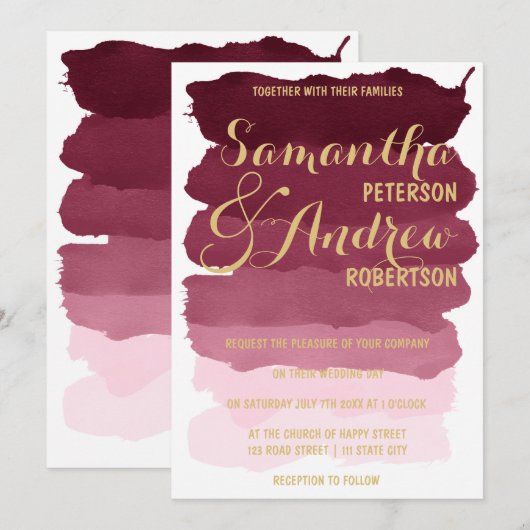 Waterverf ombre Wedding Gold burgundy brushstrok Kaart (Voorkant / Achterkant)