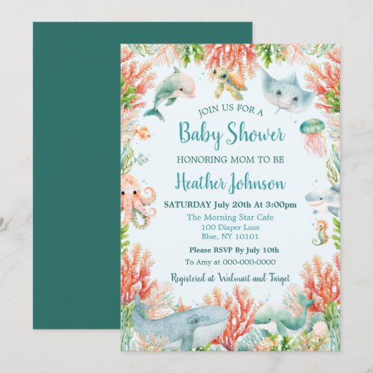 Waterverf Onder De Zee Baby Shower Kaart (Voorkant / Achterkant)